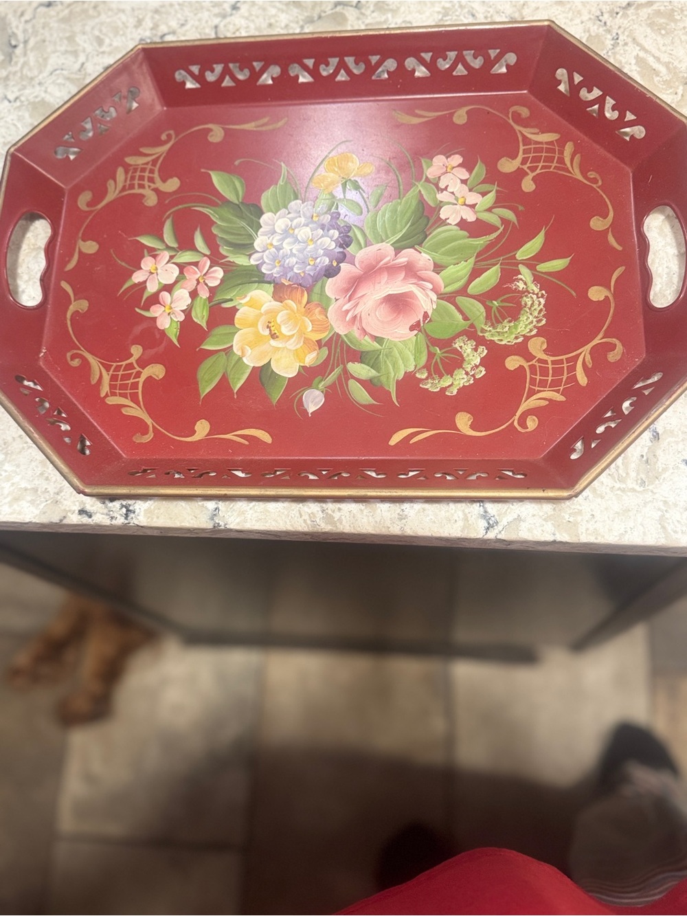 Red Floral Decorative Serving Tray - Unbranded 16 inches long